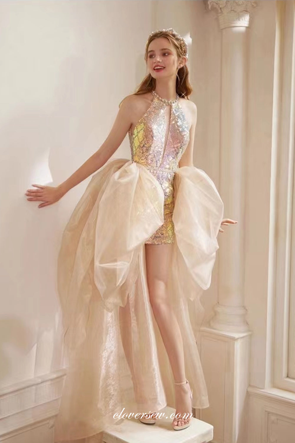 Pink Sequin Beaded Detachable Train Short Homecoming Dresses CH0040 clover sew Pink Sequin Beaded Detachable Train Short Homecoming Dresses CH0040 clover sew