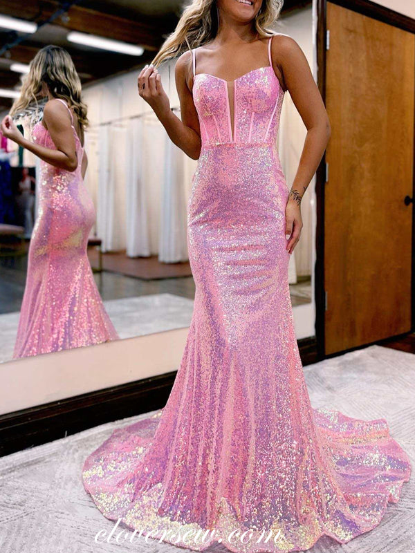 Pink Sequin Fashion Mermaid Sleeveless Shiny Prom Dresses, CP0898 clover sew Pink Sequin Fashion Mermaid Sleeveless Shiny Prom Dresses, CP0898 clover sew