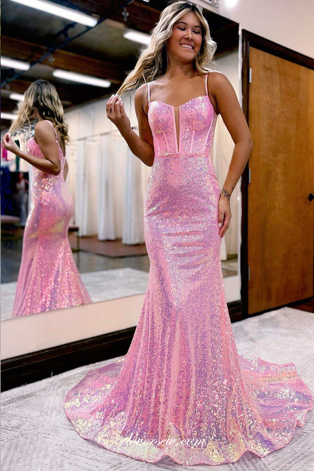 Pink Sequin Fashion Mermaid Sleeveless Shiny Prom Dresses, CP0898 Pink Sequin Fashion Mermaid Sleeveless Shiny Prom Dresses, CP0898