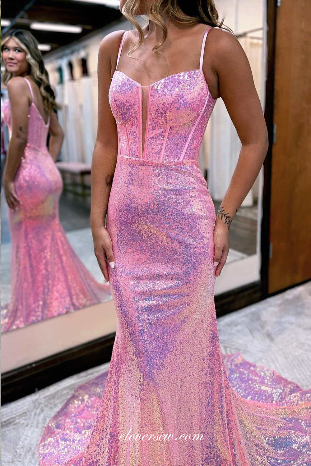 pink mermaid sequin dress Designer Long Pink Mermaid Sequined Prom Dress with Gloves