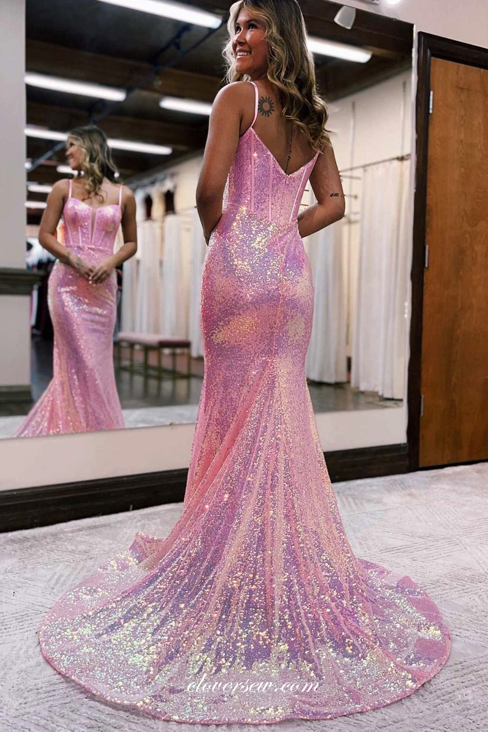Pink Sequin Fashion Mermaid Sleeveless Shiny Prom Dresses, CP0898 clover sew Pink Sequin Fashion Mermaid Sleeveless Shiny Prom Dresses, CP0898 clover sew