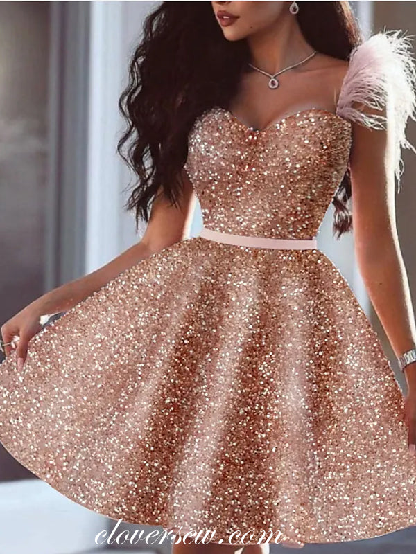 Pink Sequin Feather Strap Sweetheart Shiny Homecoming Dresses, CH0038 clover sew Pink Sequin Feather Strap Sweetheart Shiny Homecoming Dresses, CH0038 clover sew