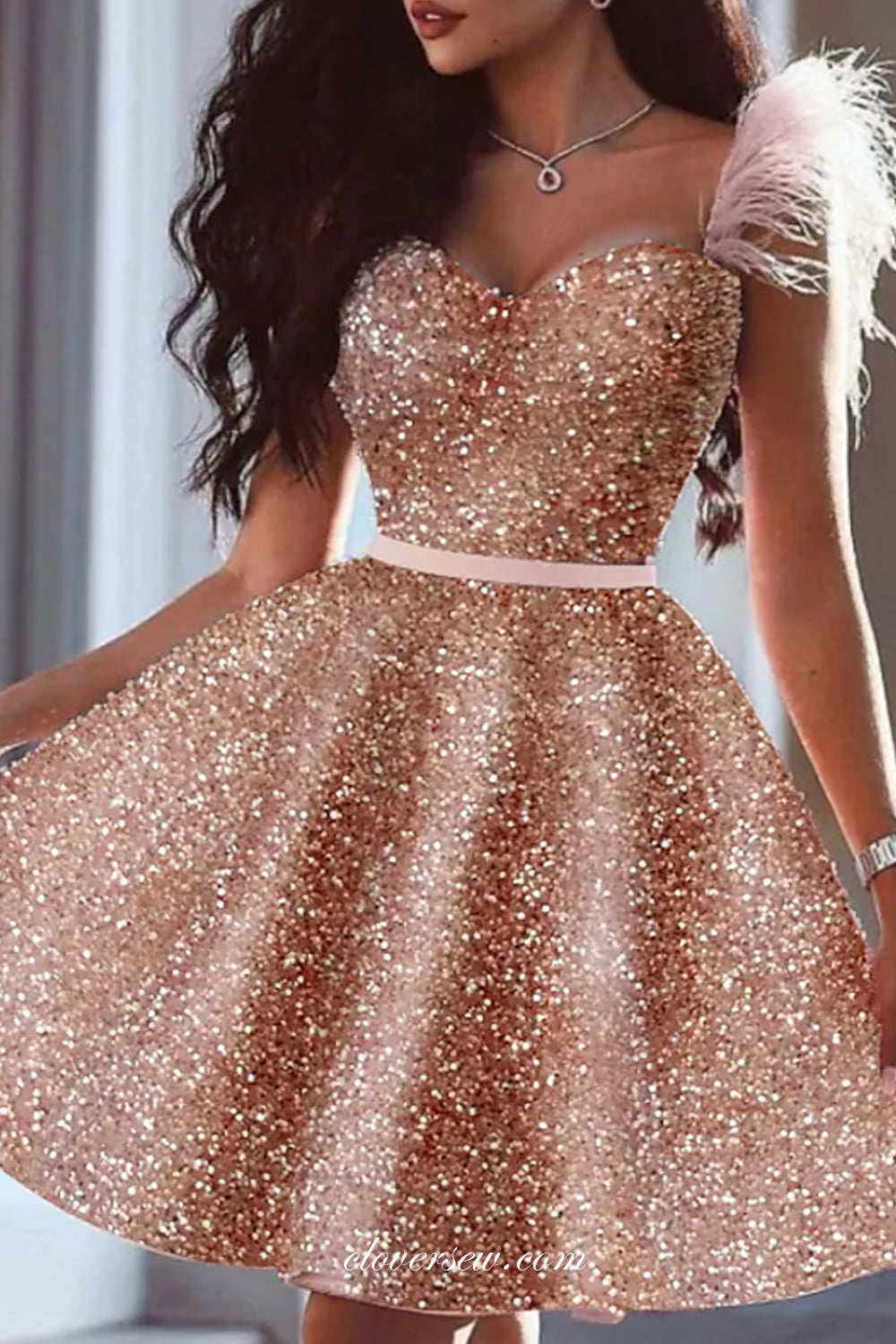 Pink Sequin Feather Strap Sweetheart Shiny Homecoming Dresses, CH0038