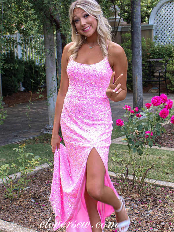 Pink Sequin Spaghetti Strap Lae Up Back Slit Prom Dresses, CP0864