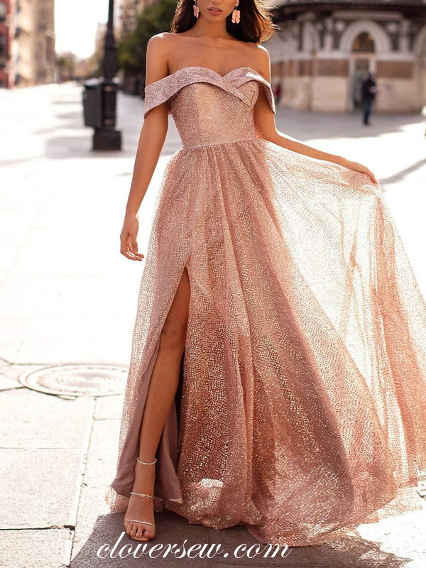 Pink Sequined Tulle Off The Shoulder Elegant Shiny Prom Dresses, CP0789
