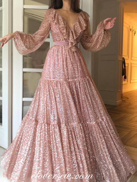 Pink Sequined Tulle Vintage Puffy Long Sleeves Prom Dresses, CP0618