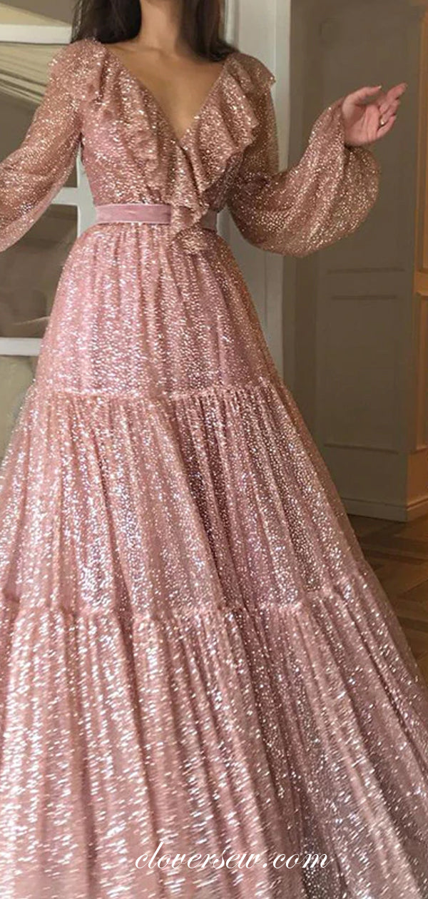 Pink Sequined Tulle Vintage Puffy Long Sleeves Prom Dresses, CP0618