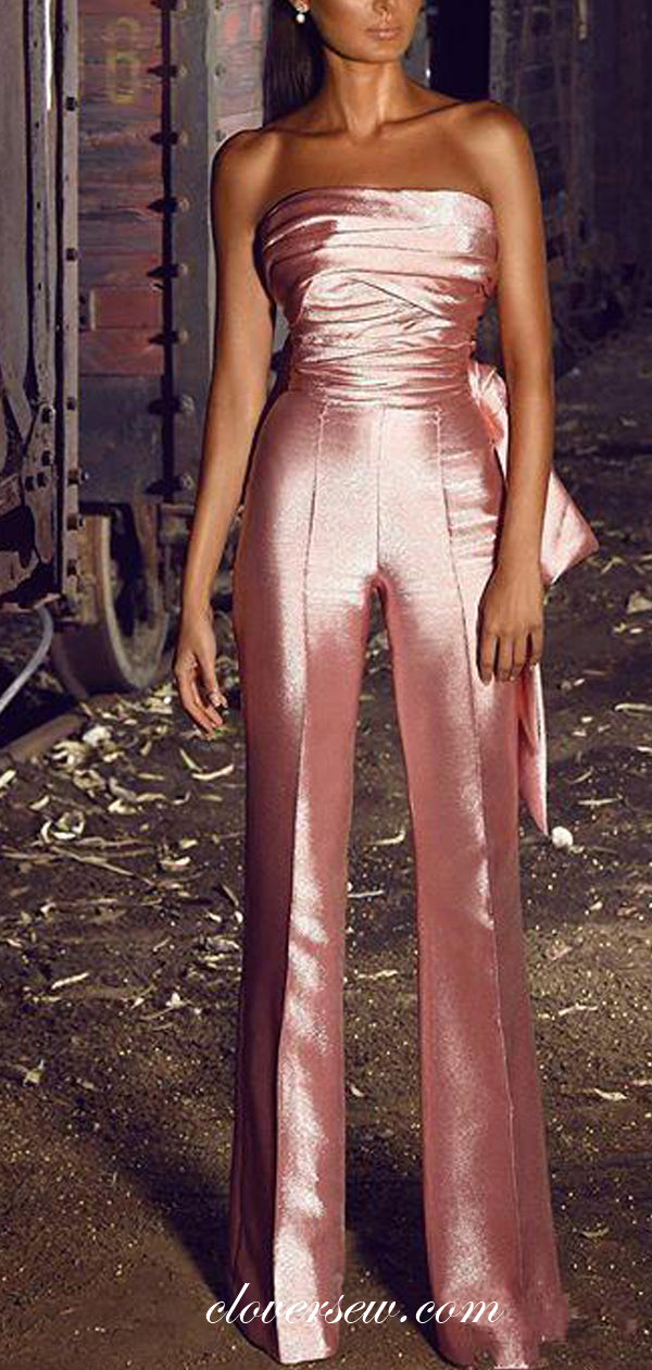 Pink Soft Satin Strapless Pleat With Bowknot Fashion Jumpsuit, CP0652