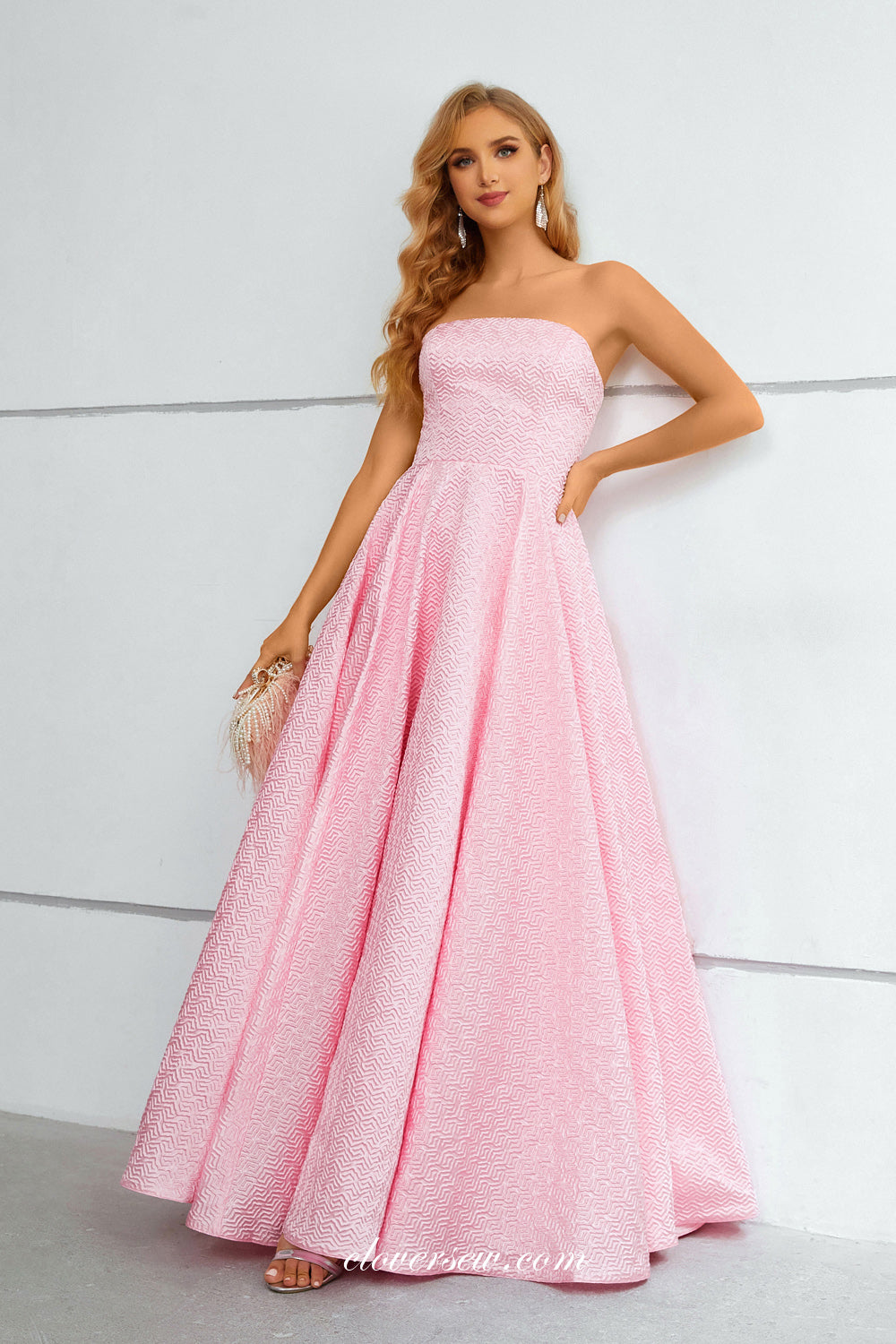Pink Strapless Printed Satin A-line Fashion Prom Dresses, CP0909