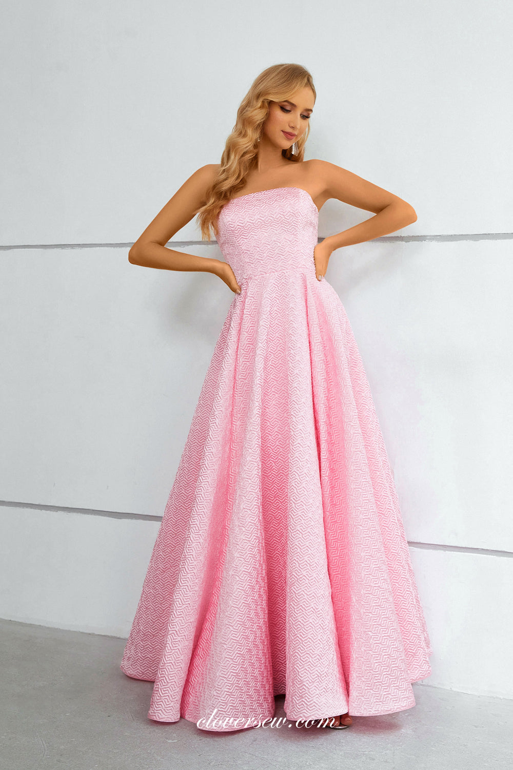 Pink Strapless Printed Satin A-line Fashion Prom Dresses, CP0909