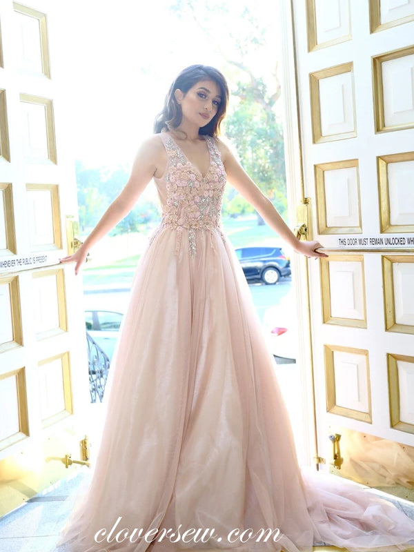 Pink Tulle 3D Appliques V-neck A-line Prom Dresses, CP0687