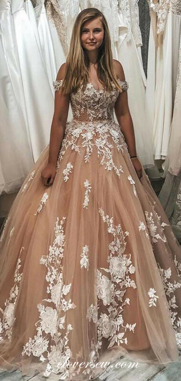 Pink Tulle Ivory Applique Off The Shoulder Ball Gown Wedding Dresses,C clover sew Pink Tulle Ivory Applique Off The Shoulder Ball Gown Wedding Dresses,C clover sew