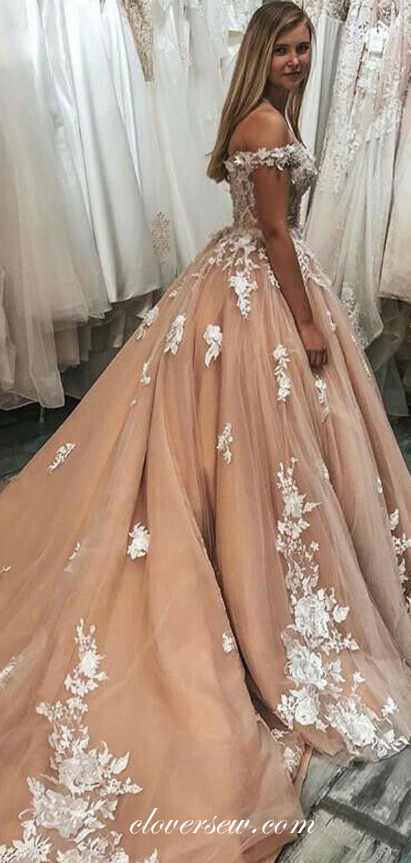 Pink Tulle Ivory Applique Off The Shoulder Ball Gown Wedding Dresses,CW0165