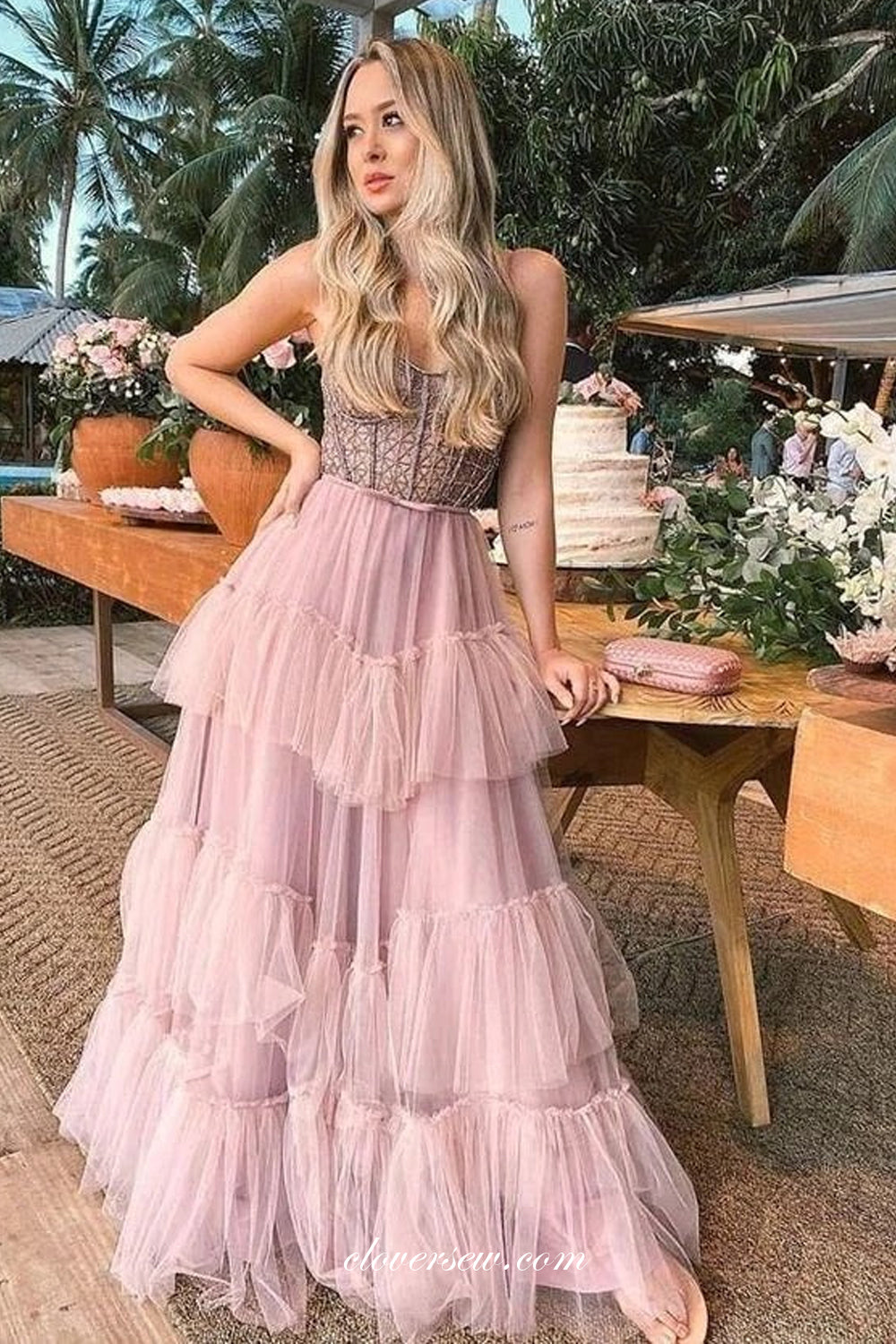 Pink Tulle Tiered A-line Spaghetti Strap Sweetheart Fashion Prom Dresses, CP0873