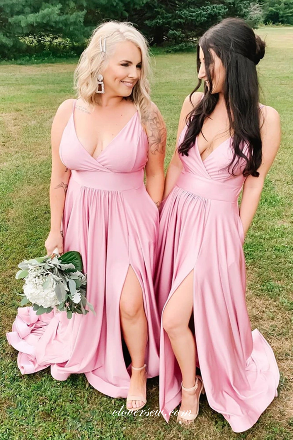 Pink V-neck Side Slit A-line Bridesmaid Dresses With Pockets, CB0252