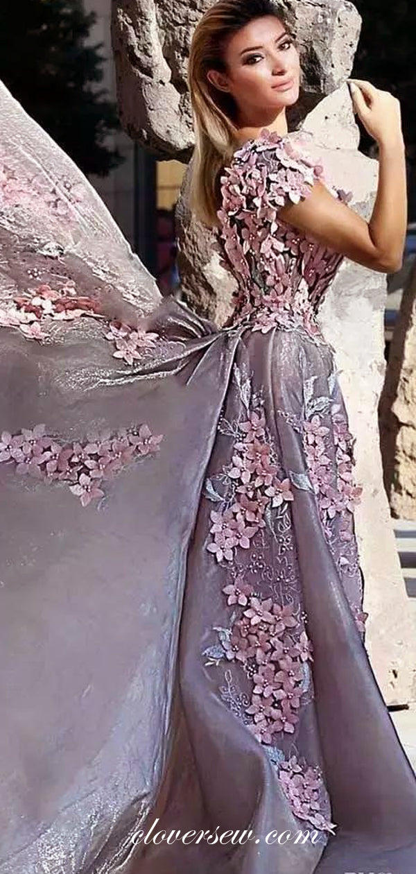 Pink 3D Applique Short Sleeves Detachable Skirt Prom Dresses, CP0103