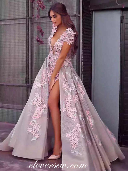 Pink 3D Applique Short Sleeves Detachable Skirt Prom Dresses, CP0103