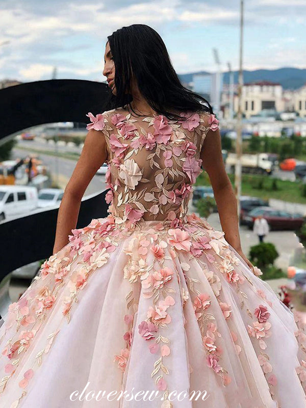 Pink 3D Floral Applique Cap Sleeves Ball Gown Prom Dresses,CP0425 Pink 3D Floral Applique Cap Sleeves Ball Gown Prom Dresses,CP0425