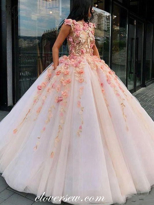 Pink 3D Floral Applique Cap Sleeves Ball Gown Prom Dresses,CP0425