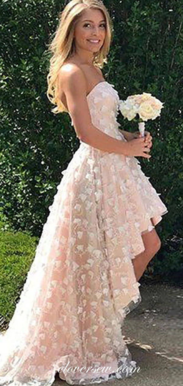 Pink 3D Lace High Low Strapless A-line Prom Dresses, CP0461 US14 / Custom Color(leaving a note)