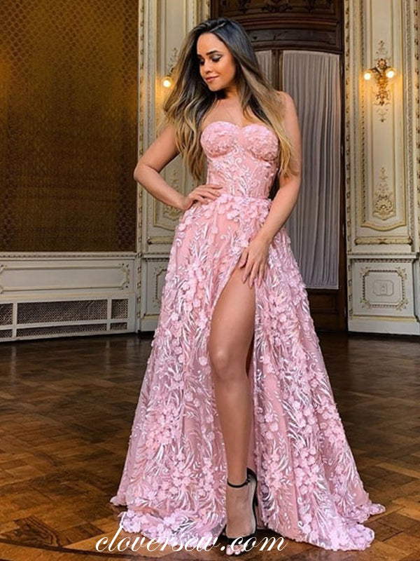 Pink 3D Lace Sweetheart Strapless Side Slit A-line Prom Dresses  ,CP0328