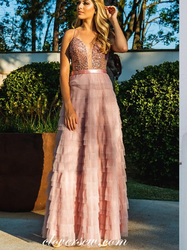 Pink Bead Ruffles Chiffon Spaghetti Strap Tiered Prom Dresses,CP0324