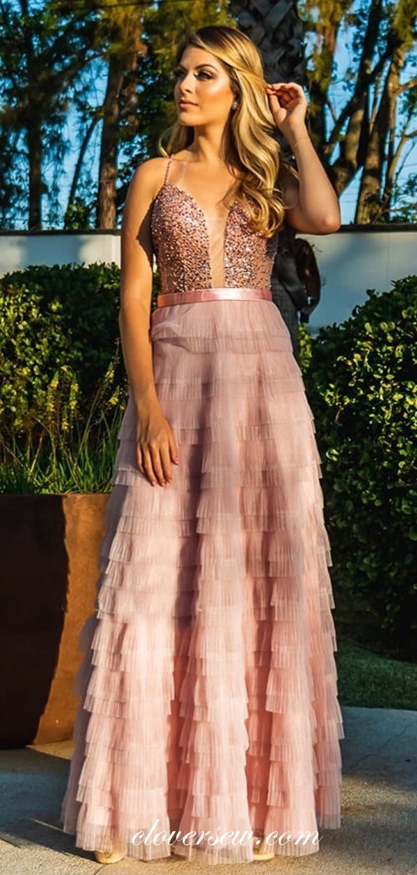 Pink Bead Ruffles Chiffon Spaghetti Strap Tiered Prom Dresses,CP0324 US4 / Custom Color(Leaving A note) Pink Bead Ruffles Chiffon Spaghetti Strap Tiered Prom Dresses,CP0324 US4 / Custom Color(Leaving A note)
