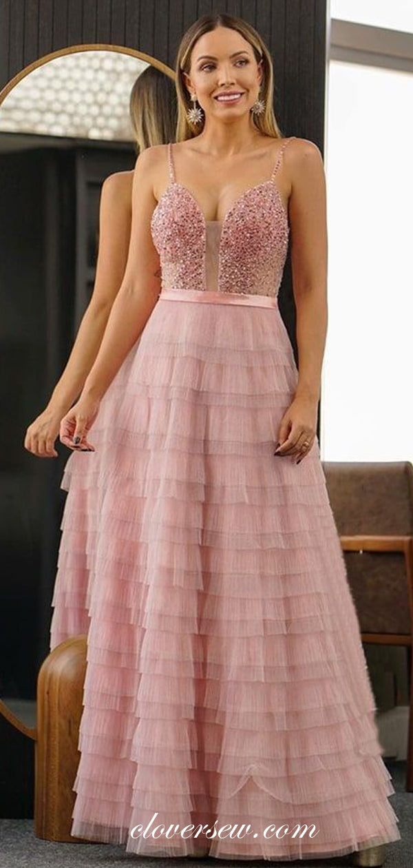Pink Bead Ruffles Chiffon Spaghetti Strap Tiered Prom Dresses,CP0324