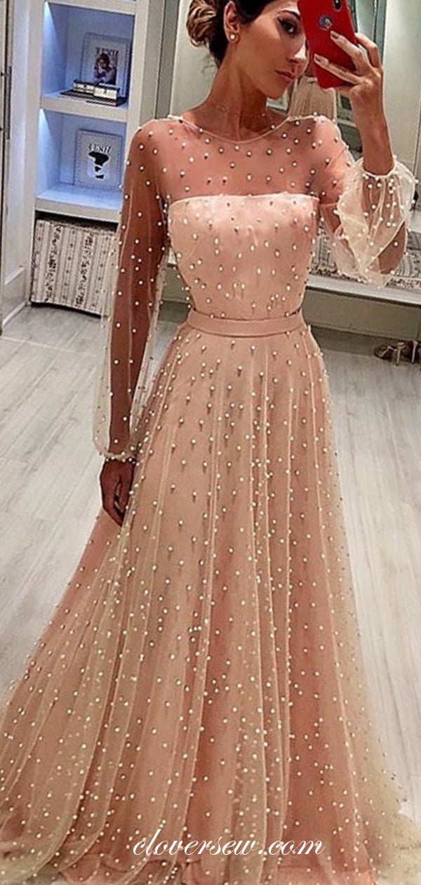 Pink Beaded Tulle Long Sleeves Illusion Neckline A-line Prom Dresses ,CP0236