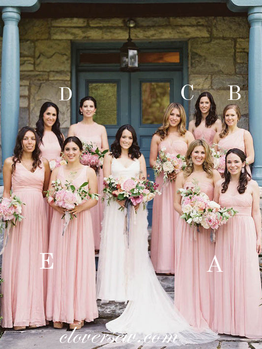 Pink Chiffon A-line Mismatched Long Bridesmaid Dresses, CB0029