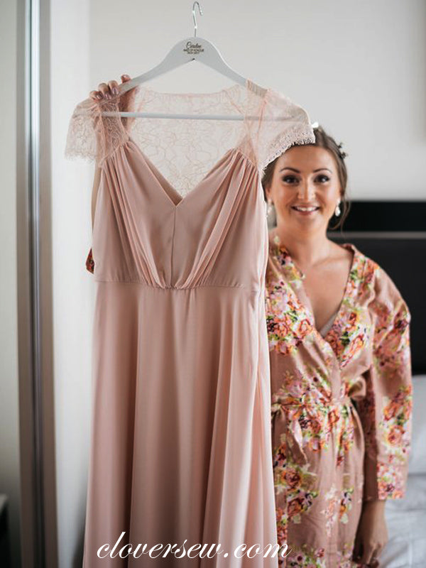 Pink Chiffon Lace Cap Sleeves A-line Long Bridesmaid Dresses, CB0046