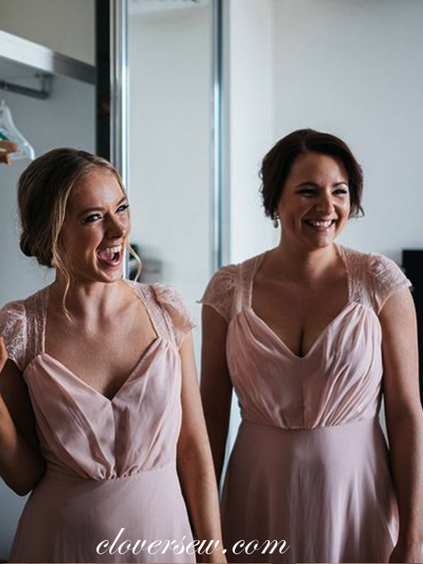 Pink Chiffon Lace Cap Sleeves A-line Long Bridesmaid Dresses, CB0046