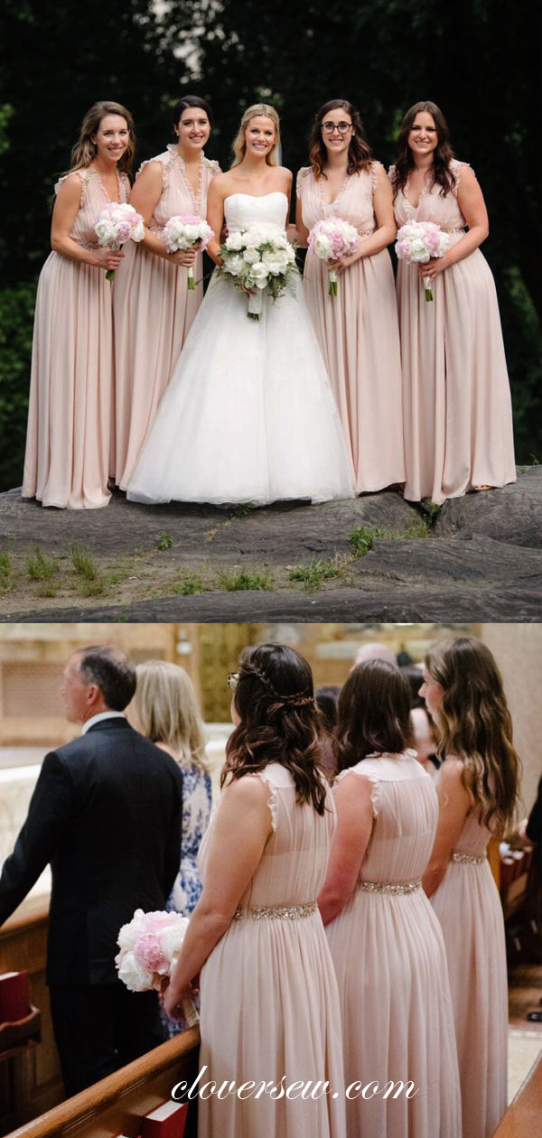 Pink Chiffon Ruffles Neckline A-line Bridesmaid Dresses, CB0063