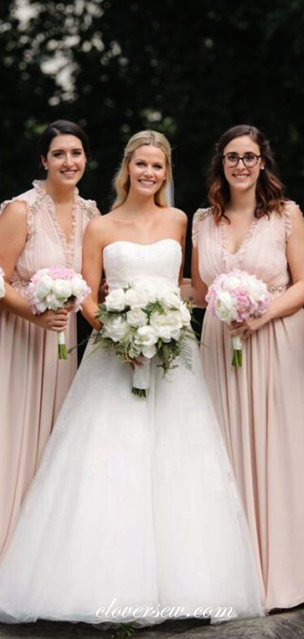 Pink Chiffon Ruffles Neckline A-line Bridesmaid Dresses, CB0063