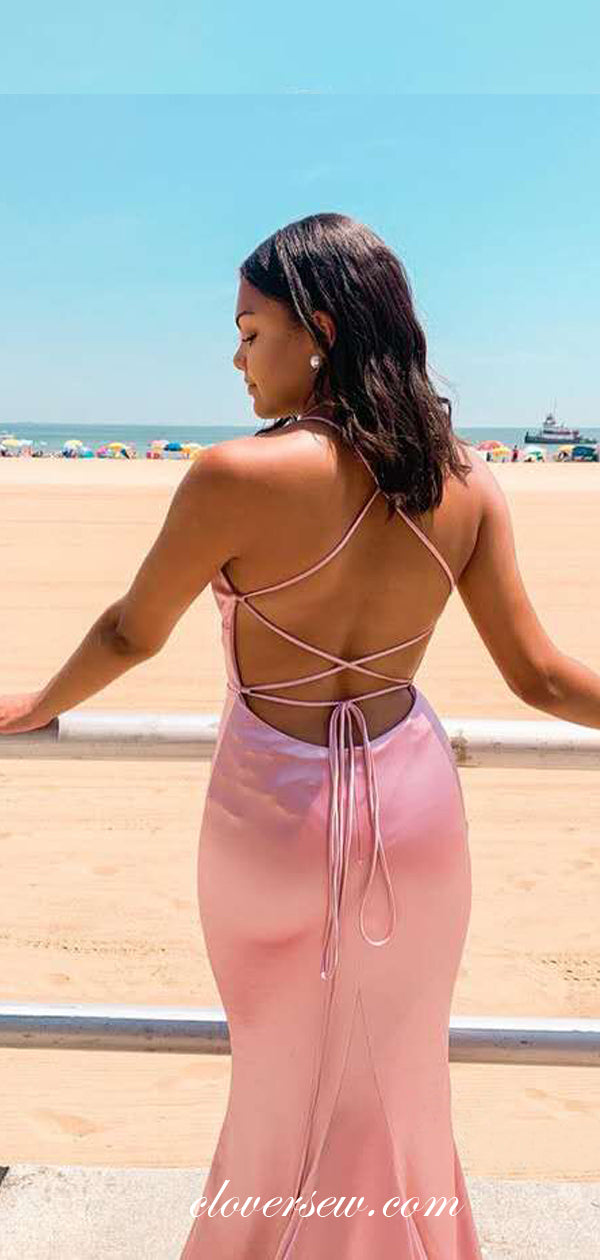 Pink Elastic Satin Spaghetti Strap Lace Up Back Prom Dresses,CP0394