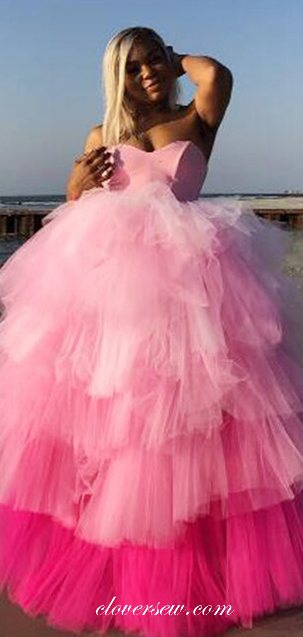 Pink Gradient Tiered Tulle Strapless Ball Gown Prom Dresses,CP0210