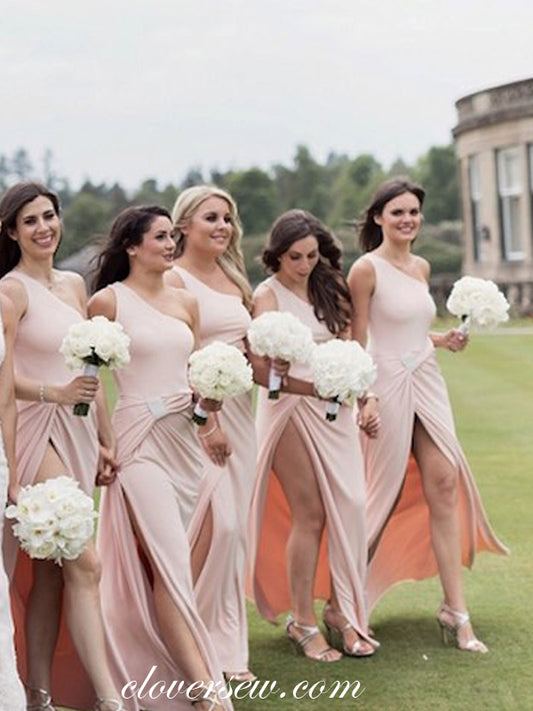 Pink Jersey One Shoulder Column High Slit Column Bridesmaid Dresses , CB0065