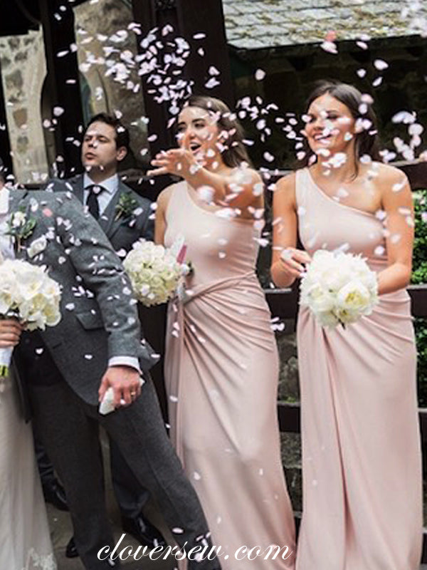Pink Jersey One Shoulder Column High Slit Column Bridesmaid Dresses , CB0065