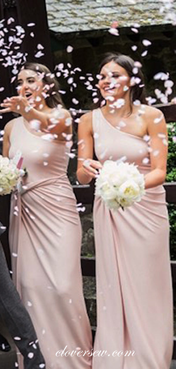 Pink Jersey One Shoulder Column High Slit Column Bridesmaid Dresses , CB0065