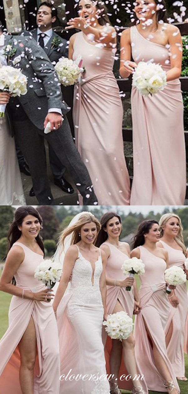Pink Jersey One Shoulder Column High Slit Column Bridesmaid Dresses , CB0065