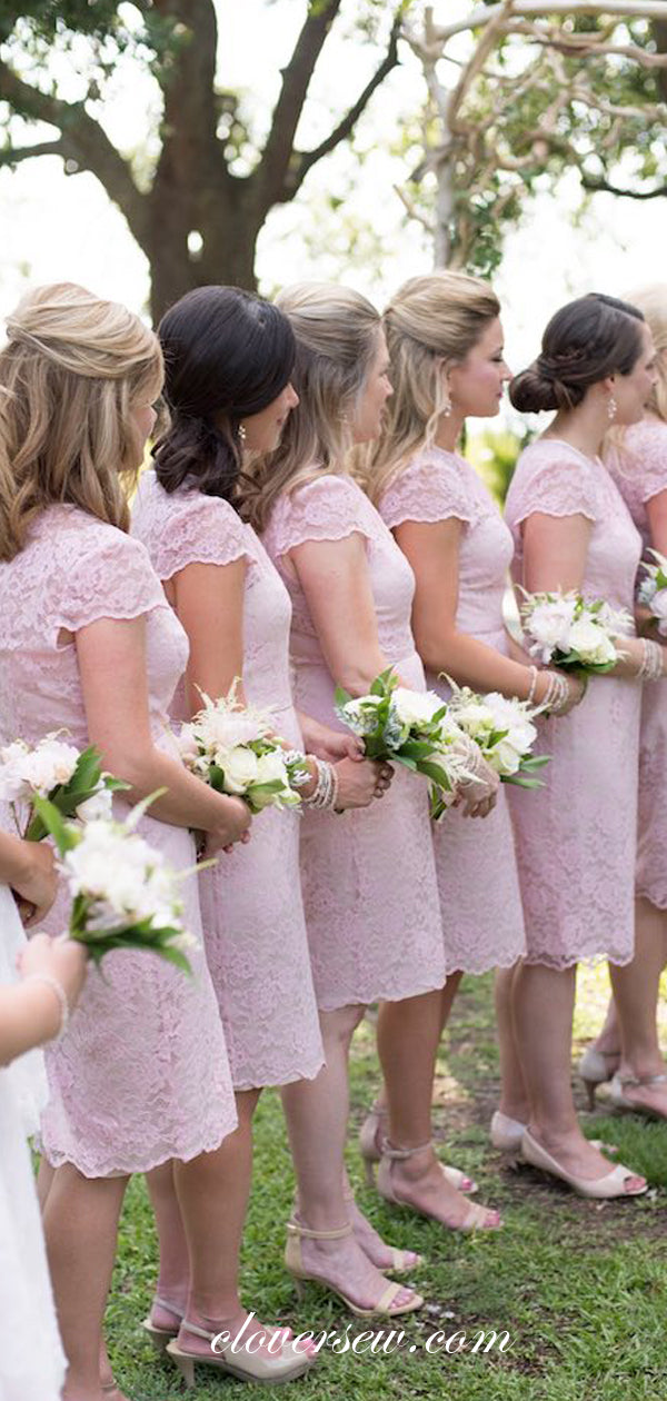 Pink Lace Cap Sleeves Sheath Knee Length Bridesmaid Dresses, CB0079