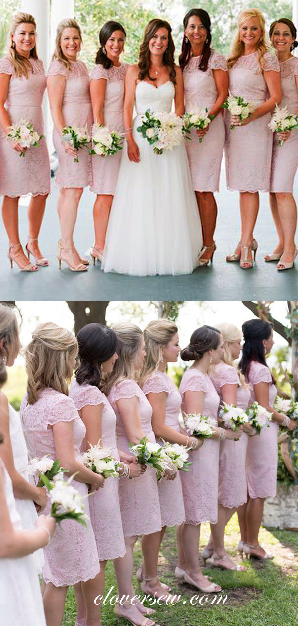 Pink Lace Cap Sleeves Sheath Knee Length Bridesmaid Dresses, CB0079
