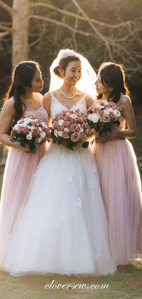 Pink Lace Tulle Sleeveless A-line Long Bridesmaid Dresses, CB0010