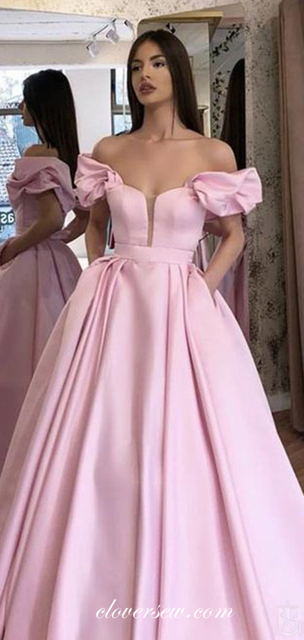 Pink Satin Off The Shoulder A-line With Pockets Prom Dresses,CP0159
