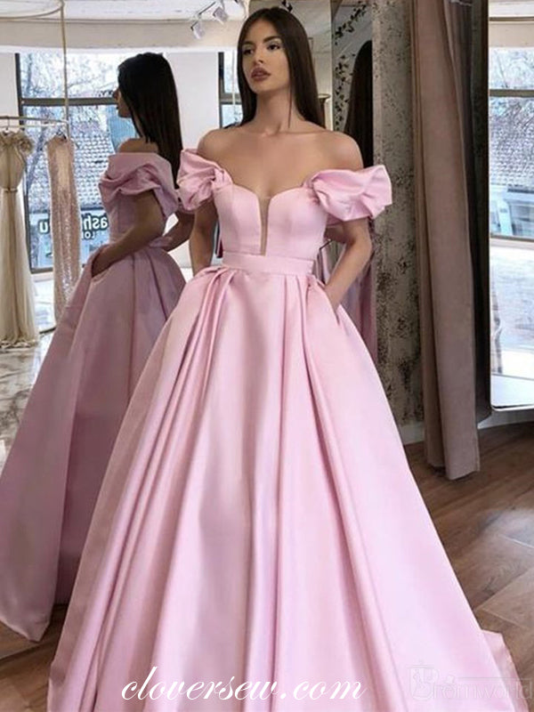 Pink Satin Off The Shoulder A-line With Pockets Prom Dresses,CP0159