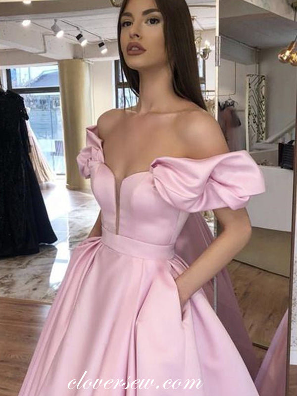 Pink Satin Off The Shoulder A-line With Pockets Prom Dresses,CP0159