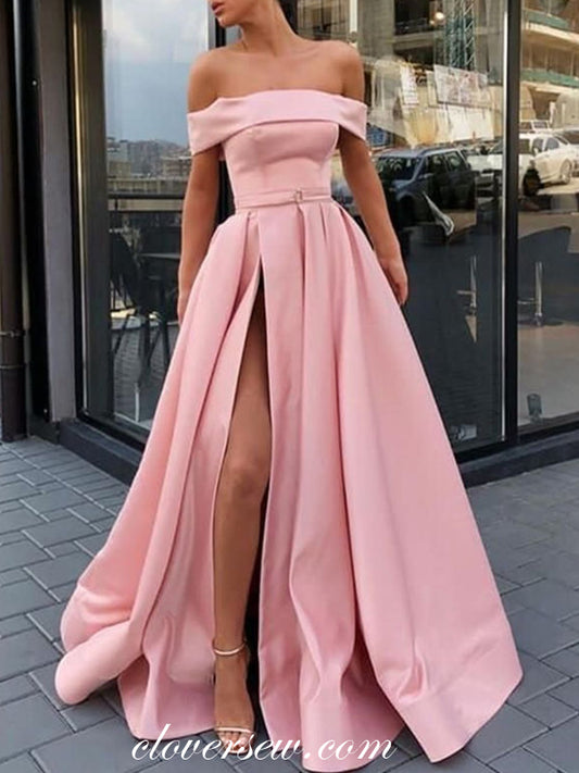 Pink Satin Off The Shoulder Side Slit Prom Dresses,CP0384