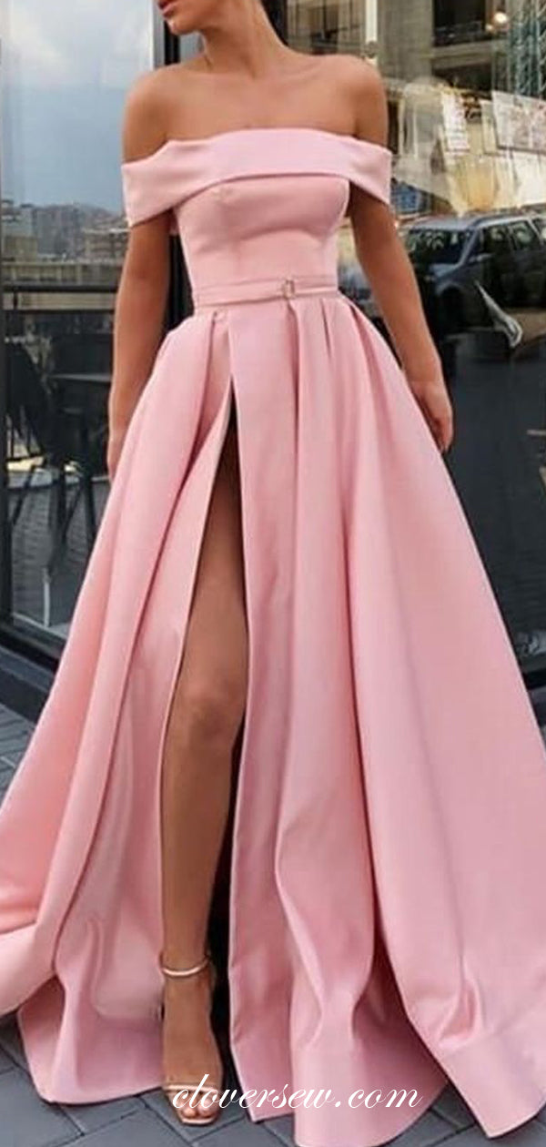 Pink Satin Off The Shoulder Side Slit Prom Dresses,CP0384