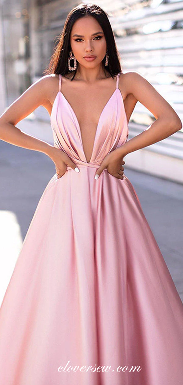 Pink Satin Pleat Spaghetti Strap A-line Prom Dresses,CP0417