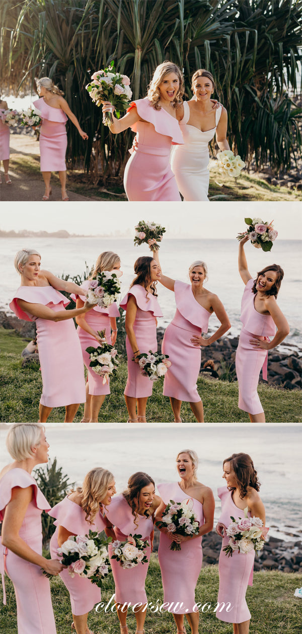 Pink Satin Ruffles One Shoulder Sheath Knee Length Bridesmaid Dresses, CB0077
